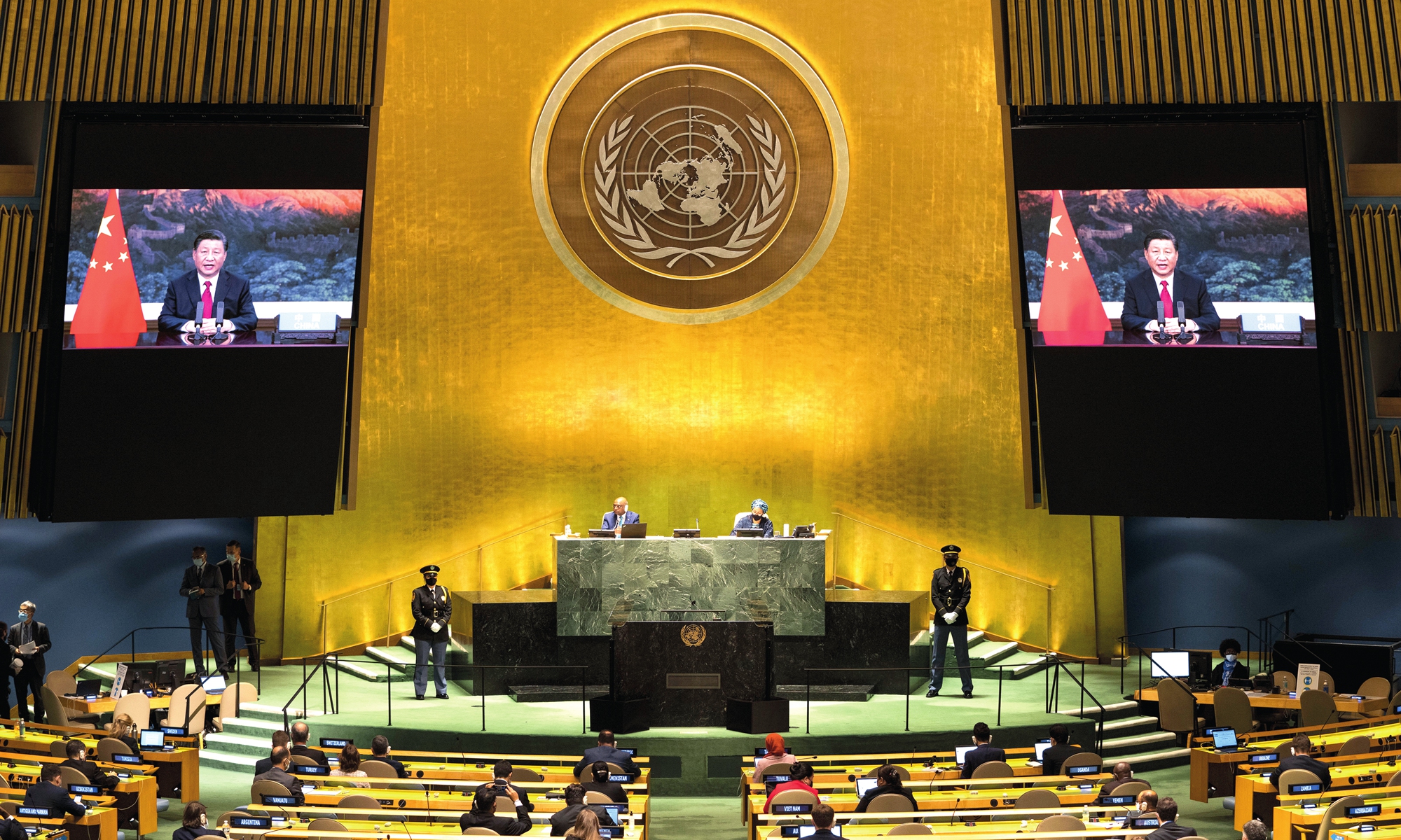 Chinese President Xi Jinping on Tuesday addresses the general debate of the 76th session of the United Nations General Assembly via video, calling for jointly addressing global threats and challenges to build a better world for all. Photo: Xinhua