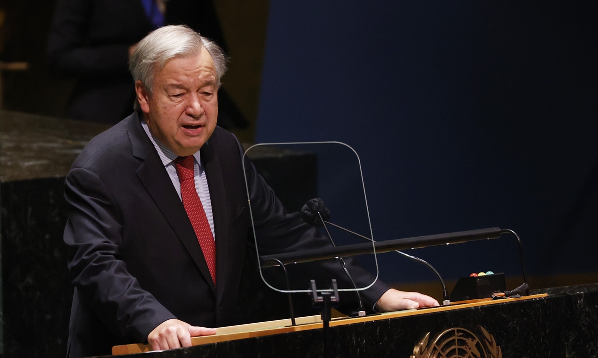 
UN Secretary-General António Guterres speaks at a high-level meeting to commemorate the 20th anniversary of the adoption of the Durban Declaration and Program of Action on Wednesday. Photo: VCG 