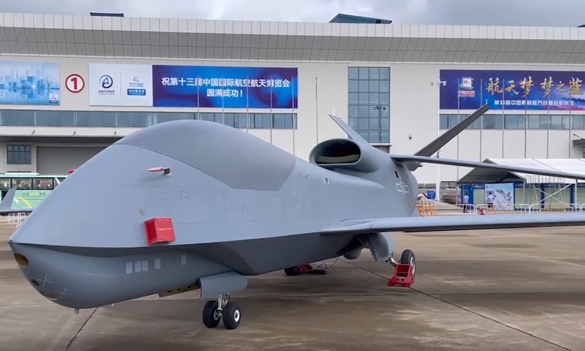 The Chinese People's Liberation Army Air Force displays for the first time the WZ-7 high-altitude reconnaissance drone at the Airshow China 2021 in Zhuhai, South China's Guangdong Province, from September 28 to October 3. Photo: Screenshot from China Central Television.