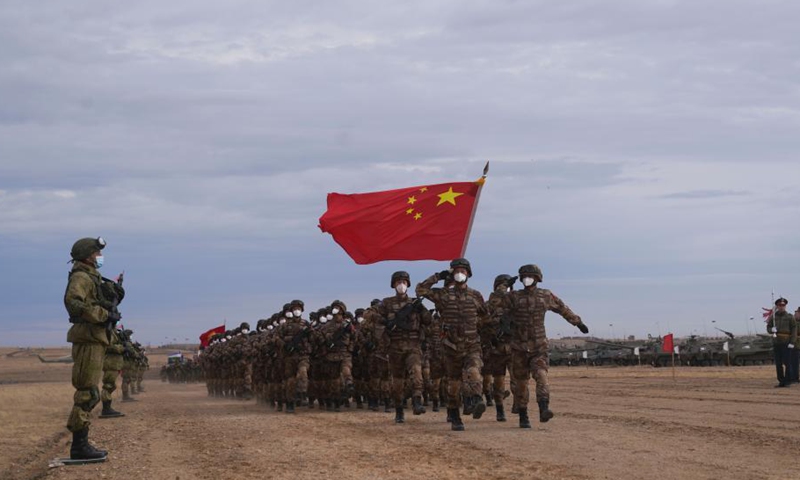 Chinese troops participate in the closing ceremony of the Peace Mission 2021 counter-terrorism military drill of the Shanghai Cooperation Organization (SCO) member states, at the Donguz training range in Russia's Orenburg Region on Sept. 24, 2021. The Peace Mission 2021 counter-terrorism military drill of the Shanghai Cooperation Organization (SCO) member states wrapped up on Friday in Russia.Photo:Xinhua