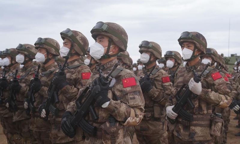 Chinese troops participate in the closing ceremony of the Peace Mission 2021 counter-terrorism military drill of the Shanghai Cooperation Organization (SCO) member states, at the Donguz training range in Russia's Orenburg Region on Sept. 24, 2021. The Peace Mission 2021 counter-terrorism military drill of the Shanghai Cooperation Organization (SCO) member states wrapped up on Friday in Russia.Photo:Xinhua