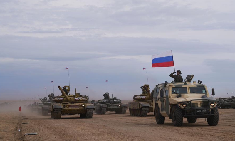 Troops participate in the closing ceremony of the Peace Mission 2021 counter-terrorism military drill of the Shanghai Cooperation Organization (SCO) member states, at the Donguz training range in Russia's Orenburg Region on Sept. 24, 2021. The Peace Mission 2021 counter-terrorism military drill of the Shanghai Cooperation Organization (SCO) member states wrapped up on Friday in Russia.Photo:Xinhua