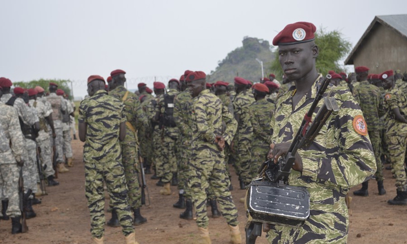 This file photo shows South Sudan People's Defense Forces (SSPDF) troops at the Rajap Police Academy in Juba, capital of South Sudan, April 26, 2019.(Photo: Xinhua)