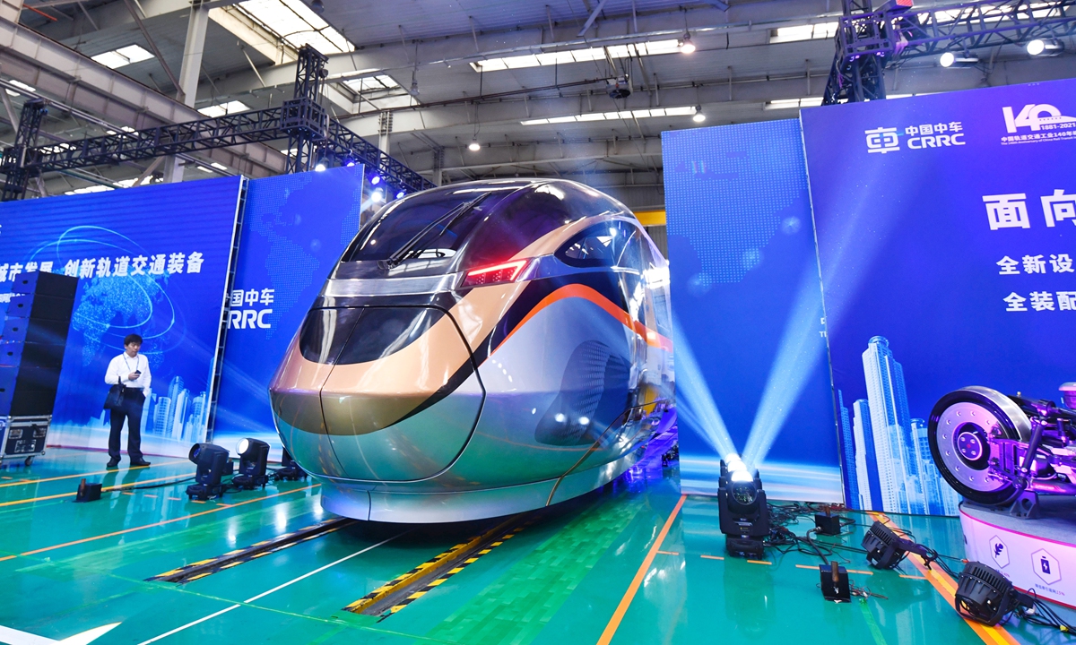 A new urban fast rail train developed by CRRC's subsidiary in Tangshan, North China's Hebei Province is displayed on Monday at a transit industry summit in the city. The train will use fully autonomous driving technology, and its materials and components can be recycled and reused up to the 96 percent level. Photo: cnsphoto
