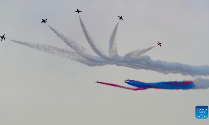 Photo taken on Sept. 26, 2021 shows an aerobatic performance during the Malta International Airshow in Qawra, Malta. Aviation enthusiasts were in for a treat over the weekend as the Malta International Airshow got underway with some 50 aircraft from around the globe, some of which graced the skies with shows of aerobatics.(Photo: Xinhua)