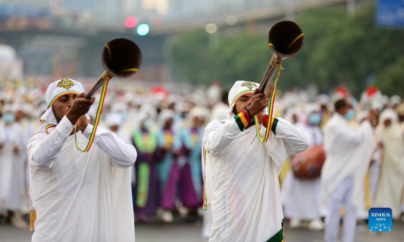 People gather in celebration of the Meskel Festival in Addis Ababa, capital of Ethiopia, Sept. 26, 2021. Ethiopian Orthodox Christians on Sunday marked the two-day Meskel, the finding of the True Cross, celebrations with various religious and cultural activities.(Photo: Xinhua)