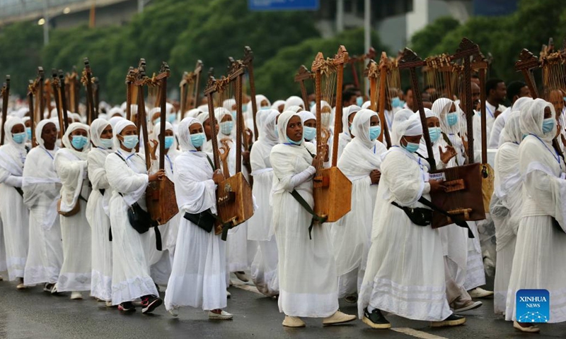 People gather in celebration of the Meskel Festival in Addis Ababa, capital of Ethiopia, Sept. 26, 2021. Ethiopian Orthodox Christians on Sunday marked the two-day Meskel, the finding of the True Cross, celebrations with various religious and cultural activities.(Photo: Xinhua)