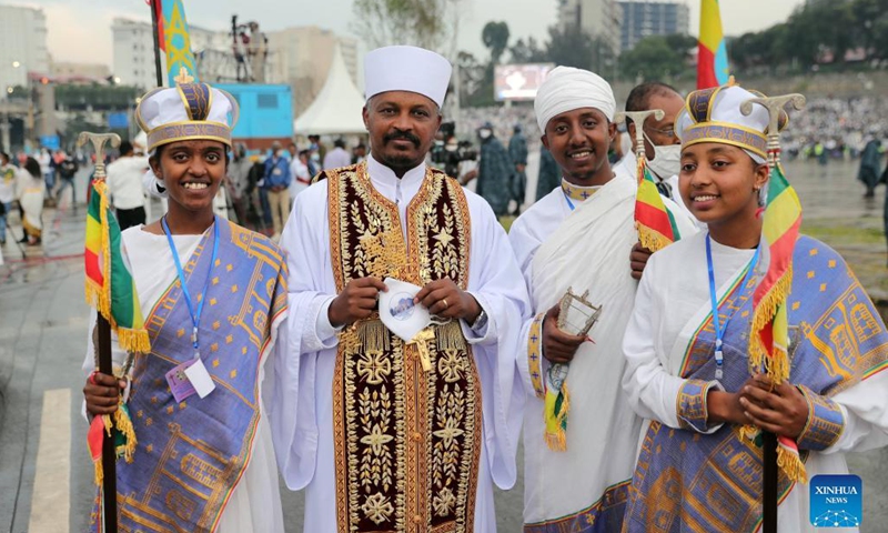 People gather in celebration of the Meskel Festival in Addis Ababa, capital of Ethiopia, Sept. 26, 2021. Ethiopian Orthodox Christians on Sunday marked the two-day Meskel, the finding of the True Cross, celebrations with various religious and cultural activities.(Photo: Xinhua)
