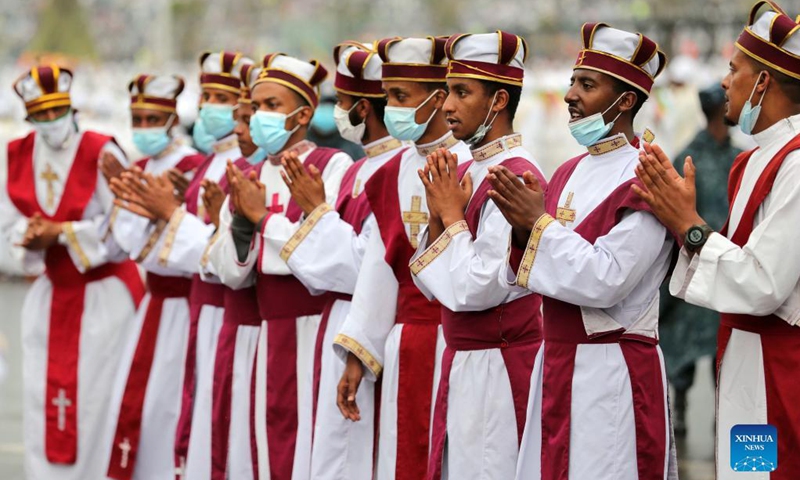 People gather in celebration of the Meskel Festival in Addis Ababa, capital of Ethiopia, Sept. 26, 2021. Ethiopian Orthodox Christians on Sunday marked the two-day Meskel, the finding of the True Cross, celebrations with various religious and cultural activities.(Photo: Xinhua)