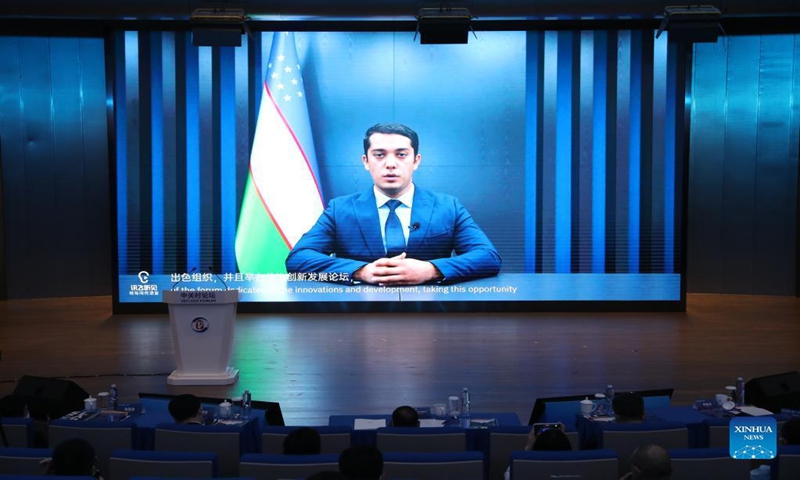 O. Tuychiev, deputy minister of innovative development of the Republic of Uzbekistan, gives a speech via video at the First Shanghai Cooperation Organization (SCO) Countries Parallel Forum Session of Zhongguancun Forum, on Sept. 26, 2021. (Zhongguancun Innoway/Handout via Xinhua)