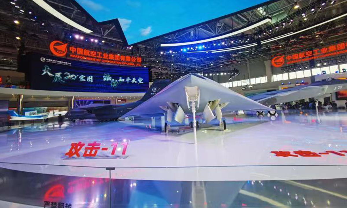 A scale model of China’s GJ-11 stealth armed reconnaissance drone is on display at the Airshow China 2021 in Zhuhai, South China’s Guangdong Province, from September 28 to October 3. The model has its two weapon bays open, exposing four precision ammunitions in each bay. Photo: Yang Sheng/GT