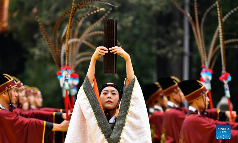 A ceremony marking the 2,572nd anniversary of the birth of ancient Chinese sage and educator Confucius is held at Confucius Temple in Qufu, east China's Shandong Province, Sept. 28, 2021. Born near the present-day town of Qufu, Confucius (551-479 B.C.) founded a school of thought that influenced later generations and became known as Confucianism.Photo:Xinhua