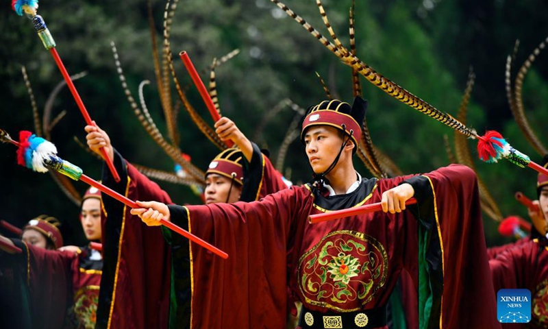 A ceremony marking the 2,572nd anniversary of the birth of ancient Chinese sage and educator Confucius is held at Confucius Temple in Qufu, east China's Shandong Province, Sept. 28, 2021. Born near the present-day town of Qufu, Confucius (551-479 B.C.) founded a school of thought that influenced later generations and became known as Confucianism.Photo:Xinhua