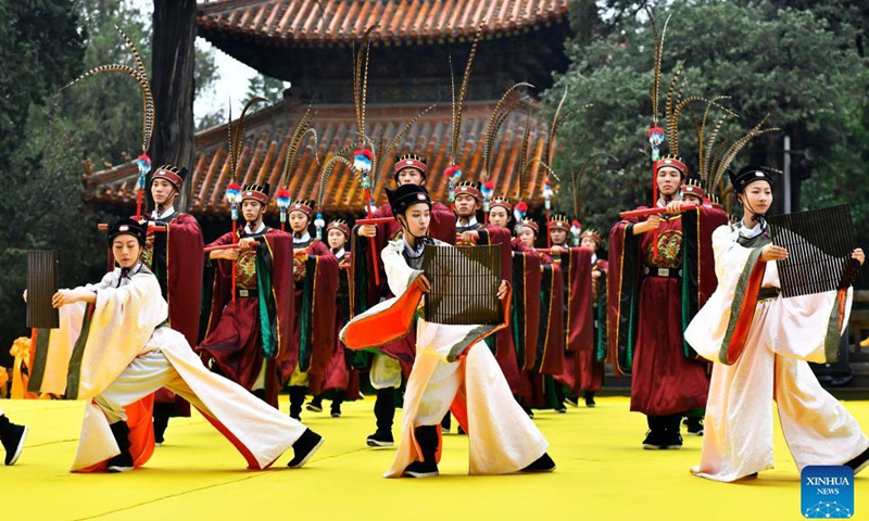 A ceremony marking the 2,572nd anniversary of the birth of ancient Chinese sage and educator Confucius is held at Confucius Temple in Qufu, east China's Shandong Province, Sept. 28, 2021. Born near the present-day town of Qufu, Confucius (551-479 B.C.) founded a school of thought that influenced later generations and became known as Confucianism.Photo:Xinhua