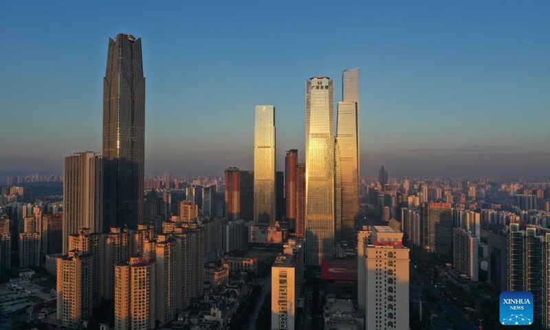 Aerial photo taken on Sept. 27, 2021 shows an early morning view of Nanning, capital of south China's Guangxi Zhuang Autonomous Region.Photo:Xinhua
