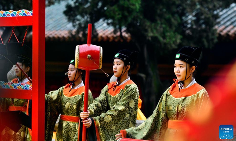 A ceremony marking the 2,572nd anniversary of the birth of ancient Chinese sage and educator Confucius is held at Confucius Temple in Qufu, east China's Shandong Province, Sept. 28, 2021. Born near the present-day town of Qufu, Confucius (551-479 B.C.) founded a school of thought that influenced later generations and became known as Confucianism.Photo:Xinhua