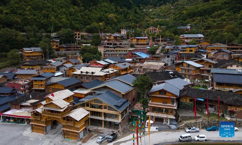 Aerial photo taken on Sept. 27, 2021 shows a view of the Jiuzhaigou scenic spot in Jiuzhaigou County, southwest China's Sichuan Province. Photo:Xinhua