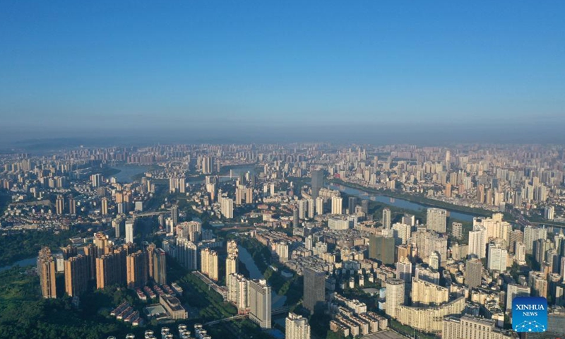 Aerial photo taken on Sept. 27, 2021 shows an early morning view of Nanning, capital of south China's Guangxi Zhuang Autonomous Region.Photo:Xinhua
