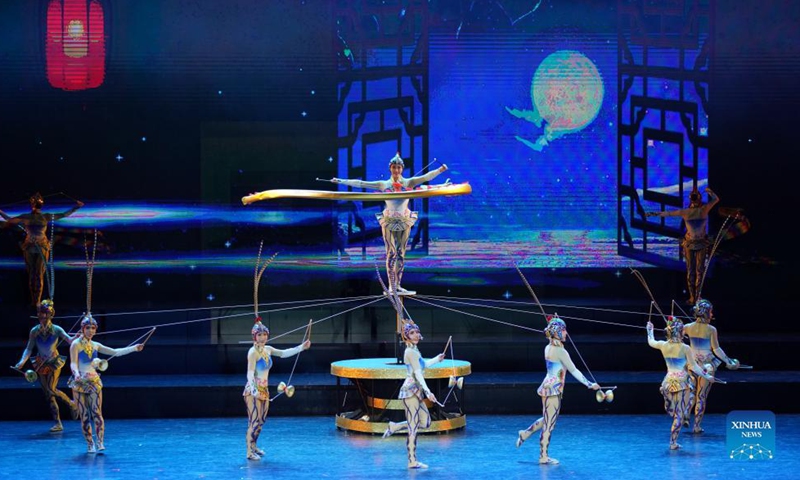 An acrobat performs at the opening ceremony of the 18th China Wuqiao International Circus Festival in Shijiazhuang, north China's Hebei Province, Sept. 28, 2021. The 18th China Wuqiao International Circus Festival kicked off Tuesday in Shijiazhuang. The three-day event will be held both online and offline in Shijiazhuang and Cangzhou of Hebei Province. Photo:Xinhua