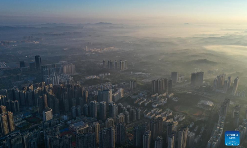 Aerial photo taken on Sept. 27, 2021 shows an early morning view of Nanning, capital of south China's Guangxi Zhuang Autonomous Region.Photo:Xinhua