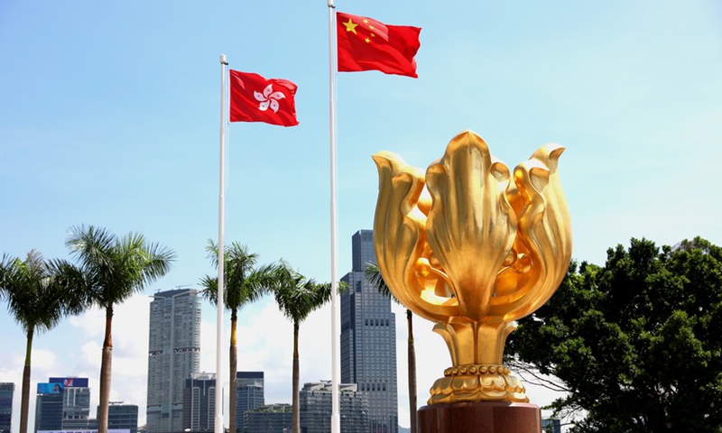 Photo taken on July 14, 2020 shows the Golden Bauhinia Square in south China's Hong Kong, July 14, 2020. (Xinhua)