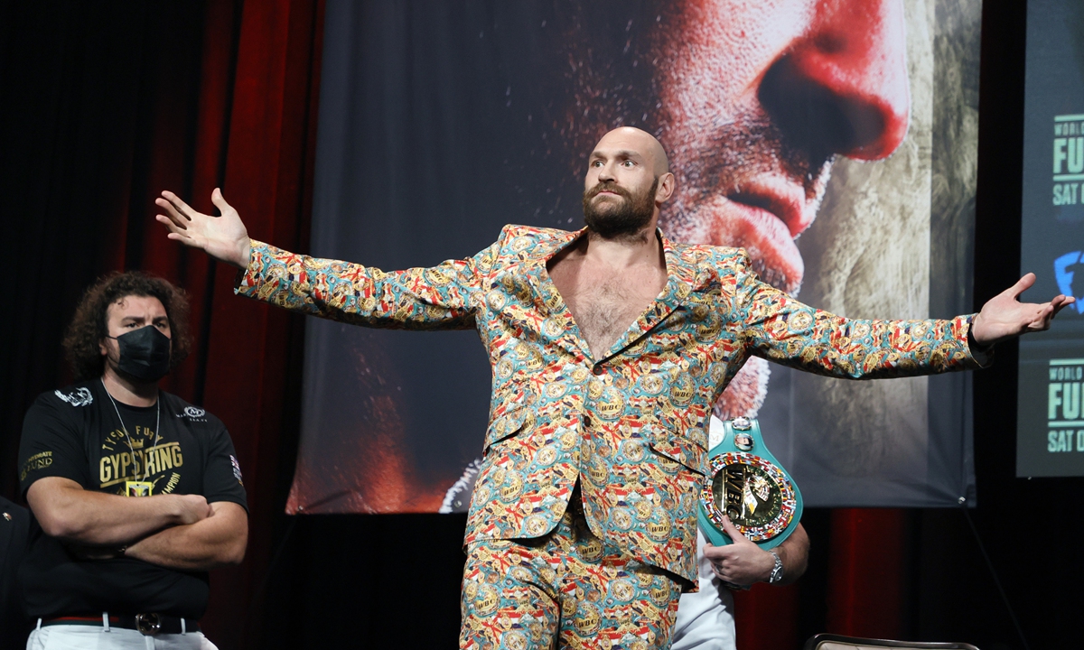 Tyson Fury poses during a press conference at the MGM Grand Garden Arena on Wednesday in Las Vegas. Photo: VCG