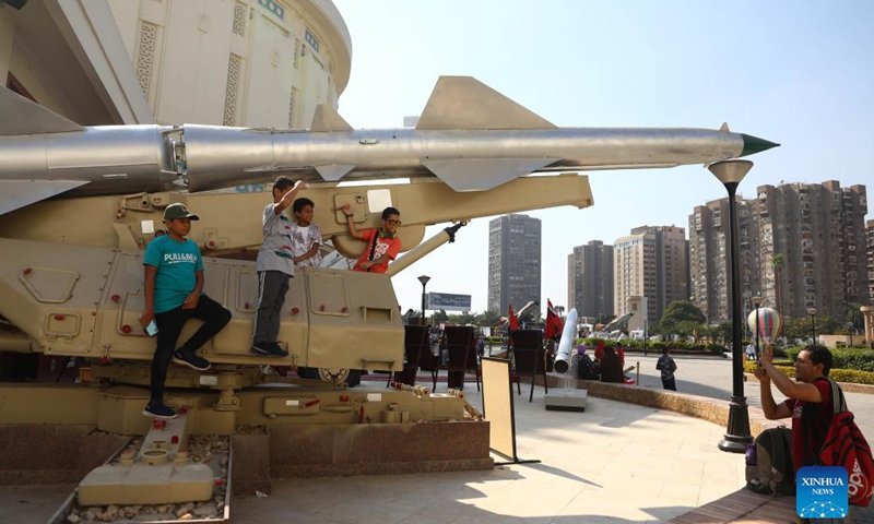 Children pose for photos at the 6th of October War Panorama museum on the occasion of the 48th anniversary of the October War, also known as the 1973 Arab-Israeli War, in Cairo, Egypt, on Oct. 7, 2021.Photo:Xinhua