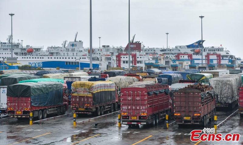 Trucks wait in line for restoration of the port in Haikou City, south China's Hainan Province, Oct. 7, 2021.Photo:China News Service