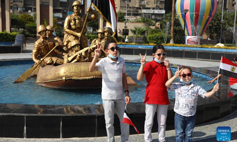 Children pose for photos at the 6th of October War Panorama museum on the occasion of the 48th anniversary of the October War, also known as the 1973 Arab-Israeli War, in Cairo, Egypt, on Oct. 7, 2021.Photo:Xinhua
