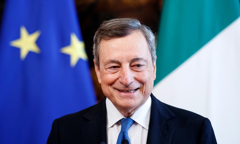 Italian Prime Minister Mario Draghi attends a joint press conference with visiting German Chancellor Angela Merkel (not in the picture) in Rome, Italy, on Oct. 7, 2021. Italian Prime Minister Mario Draghi on Thursday thanked outgoing German Chancellor Angela Merkel for playing a decisive role in shaping the future of the European Union (EU).Photo:Xinhua