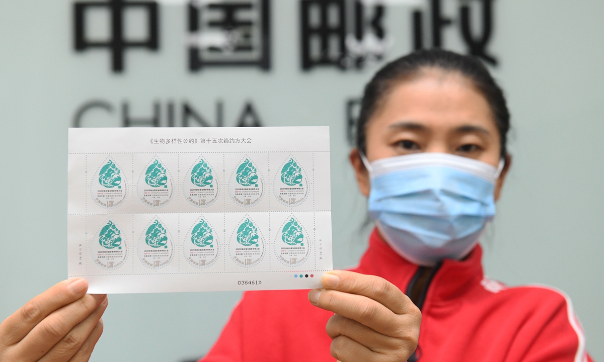 A collector shows commemorative stamps to be issued for the upcoming 15th meeting of the Conference of the Parties to the UN Convention on Biological Diversity (COP15) at a branch of China Post in Shijiazhuang, North China's Hebei Province, on Sunday. Photo: VCG