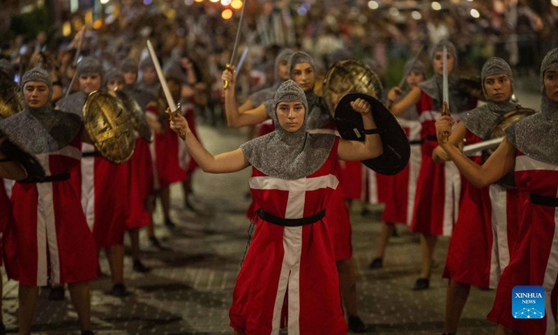 Participants dance during the parade of Ayia Napa Medieval Festival in Ayia Napa, Cyprus, on Oct. 9, 2021.Photo: Xinhua