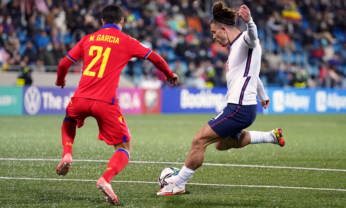 England's Jack Grealish (right) shoots against Andorra on Saturday in Andorra la Vella, Andorra.  Photo: VCG