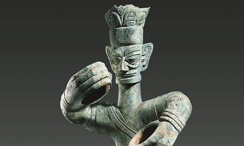 A Shang Dynasty bronze figure unearthed at the Sanxingdui Ruins in Southwest China's Sichuan Province 