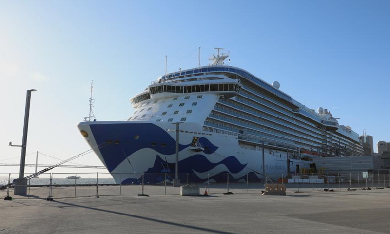 Cruise ship Majestic Princess is seen at a pier in San Francisco, the United States, on Oct. 11, 2021. Majestic Princess became the first cruise to call on the Port of San Francisco on Monday since the port ceased operation of cruises due to the COVID-19 pandemic last year.(Photo: Xinhua)