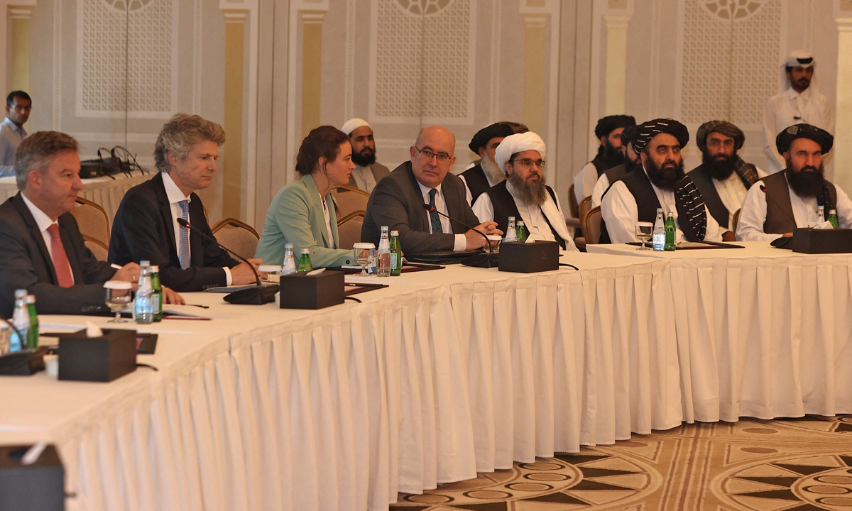 Foreign diplomats and a Taliban delegation meet in Qatar's capital Doha, on Tuesday. The Taliban were to hold joint face-to-face talks with EU and US envoys. The Taliban are seeking recognition, as well as assistance to avoid a humanitarian disaster. Photo: VCG