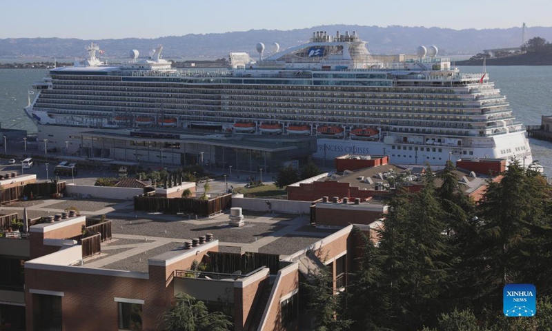 Cruise ship Majestic Princess is seen at a pier in San Francisco, the United States, on Oct. 11, 2021. Majestic Princess became the first cruise to call on the Port of San Francisco on Monday since the port ceased operation of cruises due to the COVID-19 pandemic last year.(Photo: Xinhua)