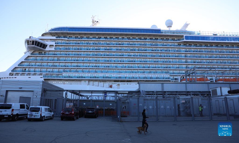 Cruise ship Majestic Princess is seen at a pier in San Francisco, the United States, on Oct. 11, 2021. Majestic Princess became the first cruise to call on the Port of San Francisco on Monday since the port ceased operation of cruises due to the COVID-19 pandemic last year.(Photo: Xinhua)