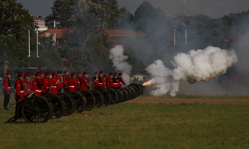 Nepalese soldiers fire cannon on Fulpati, the seventh day of the Dashain festival, during the biggest Hindu festival Dashain in Kathmandu, Nepal on Oct. 12, 2021.(Photo: Xinhua)
