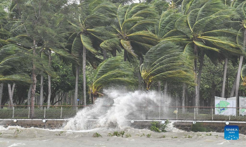 Trees sway in the strong wind in Haikou, capital of south China's Hainan Province, Oct. 13, 2021. (Xinhua/Pu Xiaoxu)
