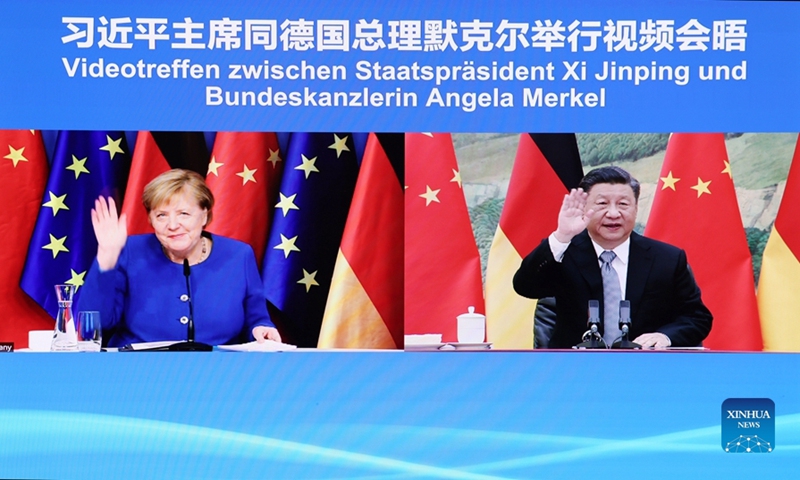 Chinese President Xi Jinping meets with German Chancellor Angela Merkel via video link in Beijing, capital of China, Oct. 13, 2021.Photo: Xinhua