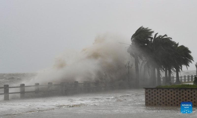Huge waves lash the shore in Haikou, capital of south China's Hainan Province, Oct. 13, 2021. (Xinhua/Yang Guanyu)
