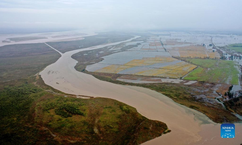 Aerial photo taken on Oct. 14, 2021 shows the confluence of the Yellow River and Fenhe River in Miaoqian Village of Wanrong County, Yuncheng, north China's Shanxi Province. The water level of Hejin section of the Fenhe River in Yuncheng has dropped to 376.39 meters. (Xinhua/Zhan Yan)