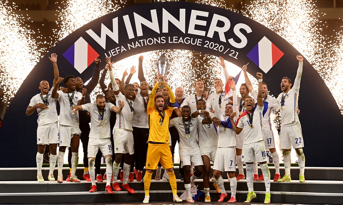 Players of France celebrate winning the UEFA Nations League 2021 final on October 10 in Milan, Italy. Photo: VCG