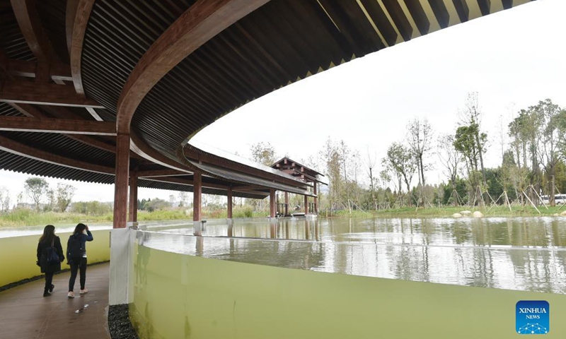 Photo taken on Oct. 15, 2021 shows a view of the Baofeng Peninsula Wetland in Kunming, southwest China's Yunnan Province. The wetland, about 108 hectares in size, is an outdoor exhibition project for the 15th meeting of the Conference of the Parties to the Convention on Biological Diversity, or the COP15.Photo:Xinhua