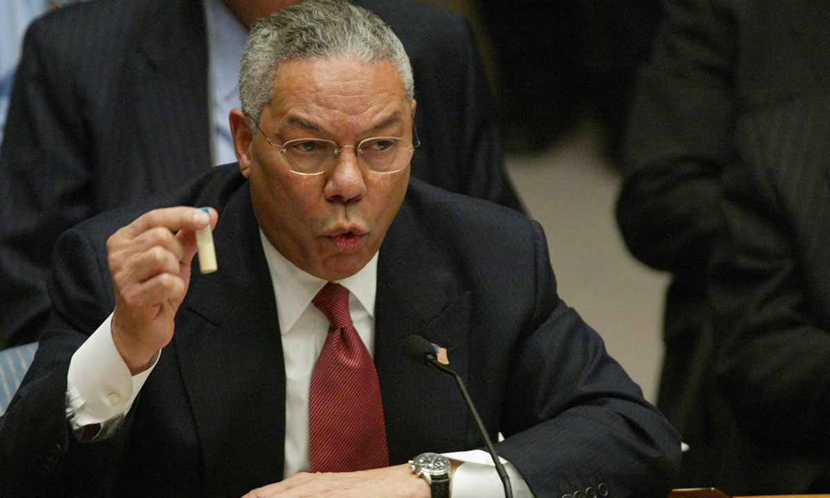 In this file photo taken on February 5, 2003, then-US secretary of state Colin Powell holds up a vial of what was later found to be washing powder as evidence of 