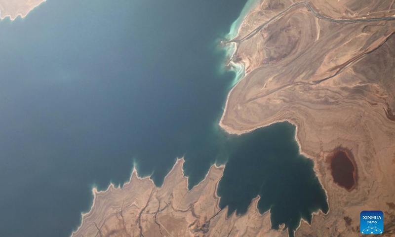 Aerial photo taken on Oct.15, 2021 shows the shores of the southern part of the Dead Sea near Masada National Park, Israel. (Photo: Xinhua)