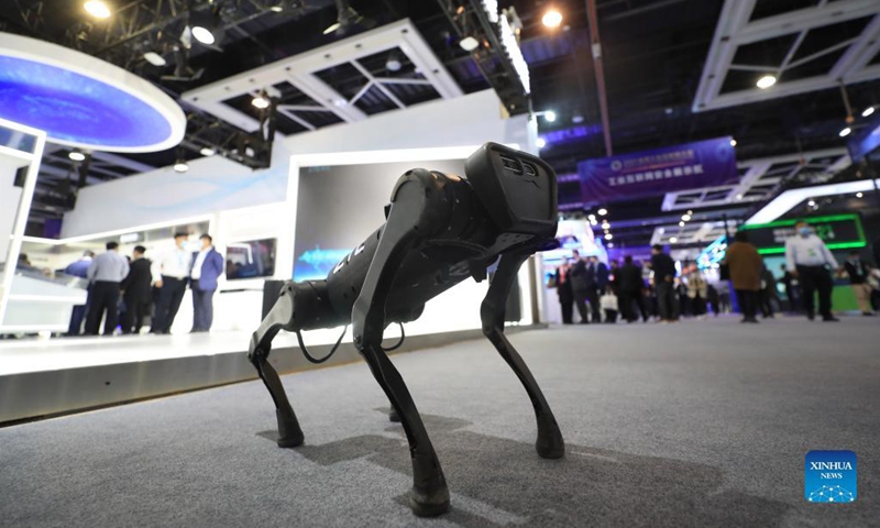 A robotic dog is seen at the booth of ZTE Corporation at an auxiliary exhibition during the 2021 Global Industrial Internet Conference in Shenyang, capital of northeast China's Liaoning Province, Oct. 18, 2021. The 2021 Global Industrial Internet Conference kicked off here on Monday.Photo: Xinhua