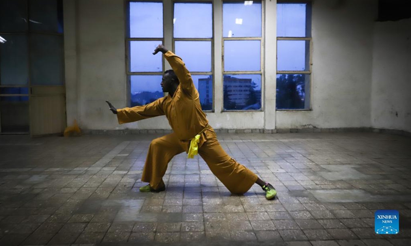 Master Dawit Terefe, who works as a coach in the training center, practices Chinese martial arts at Dave Dan Wushu and Kickboxing Training Center in Addis Ababa, Ethiopia, Sept. 29, 2021.(Photo: Xinhua)