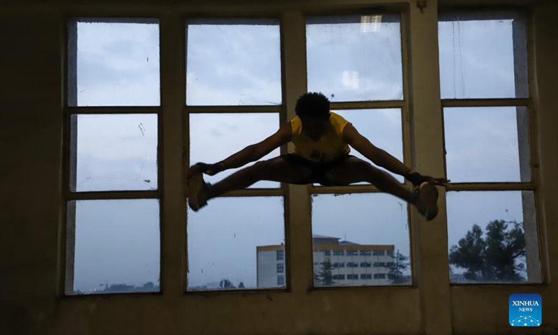 A martial art student practices at Dave Dan Wushu and Kickboxing Training Center in Addis Ababa, Ethiopia, Sept. 29, 2021. (Photo: Xinhua)